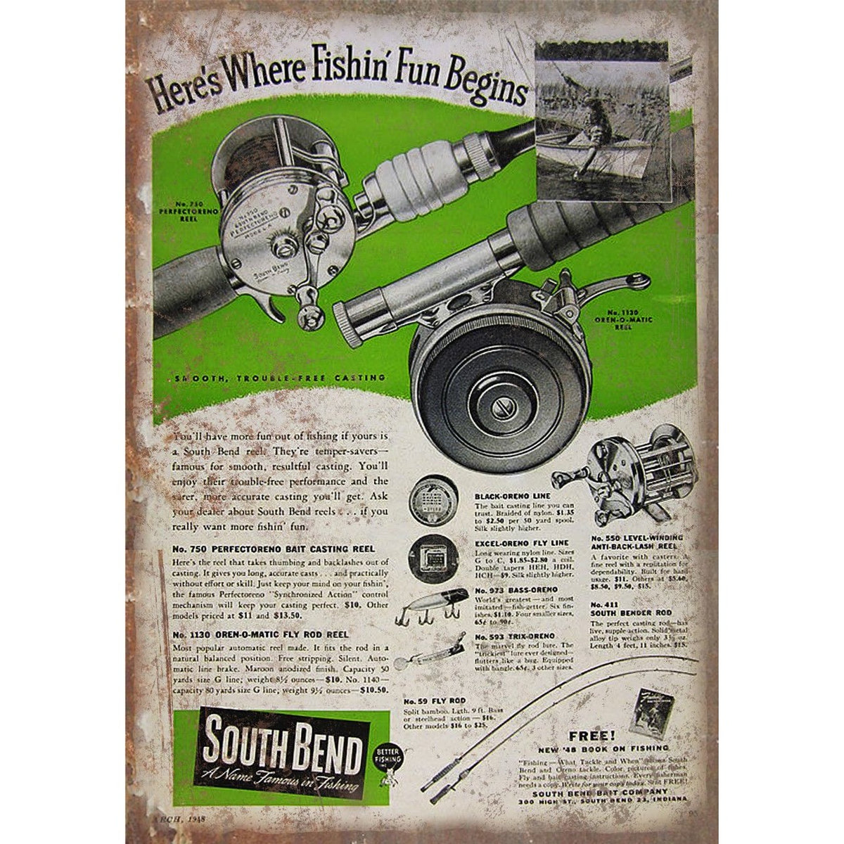 South Bend Fishing Reels Vintage Ad 9" x 12" Reproduction Metal Sign
