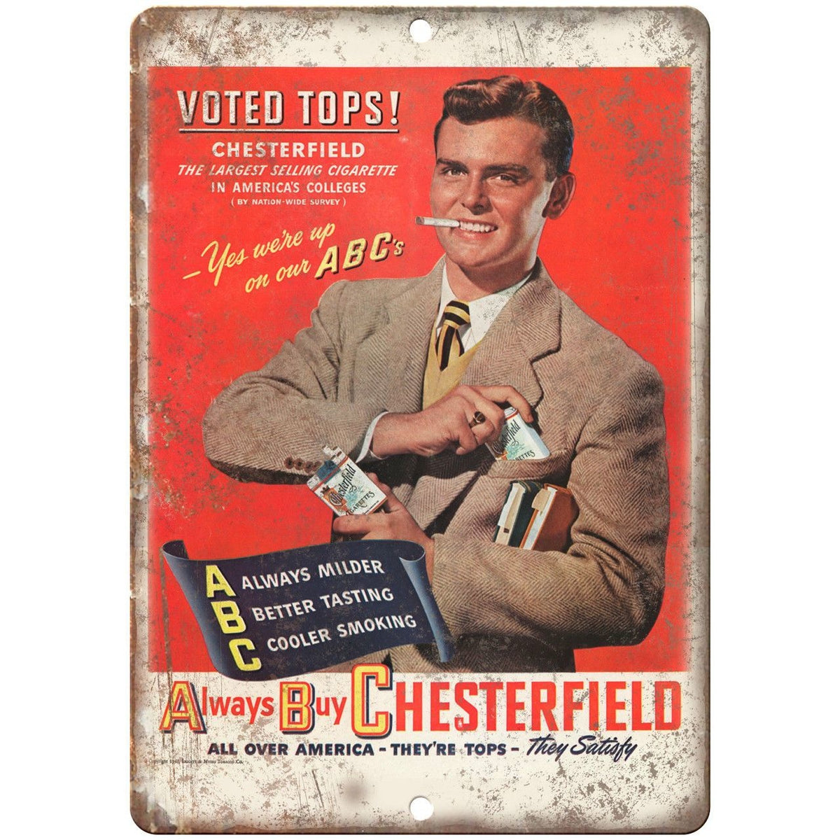 Vintage Chesterfield Cigarettes Metal Embossed Advertising Sign Australia