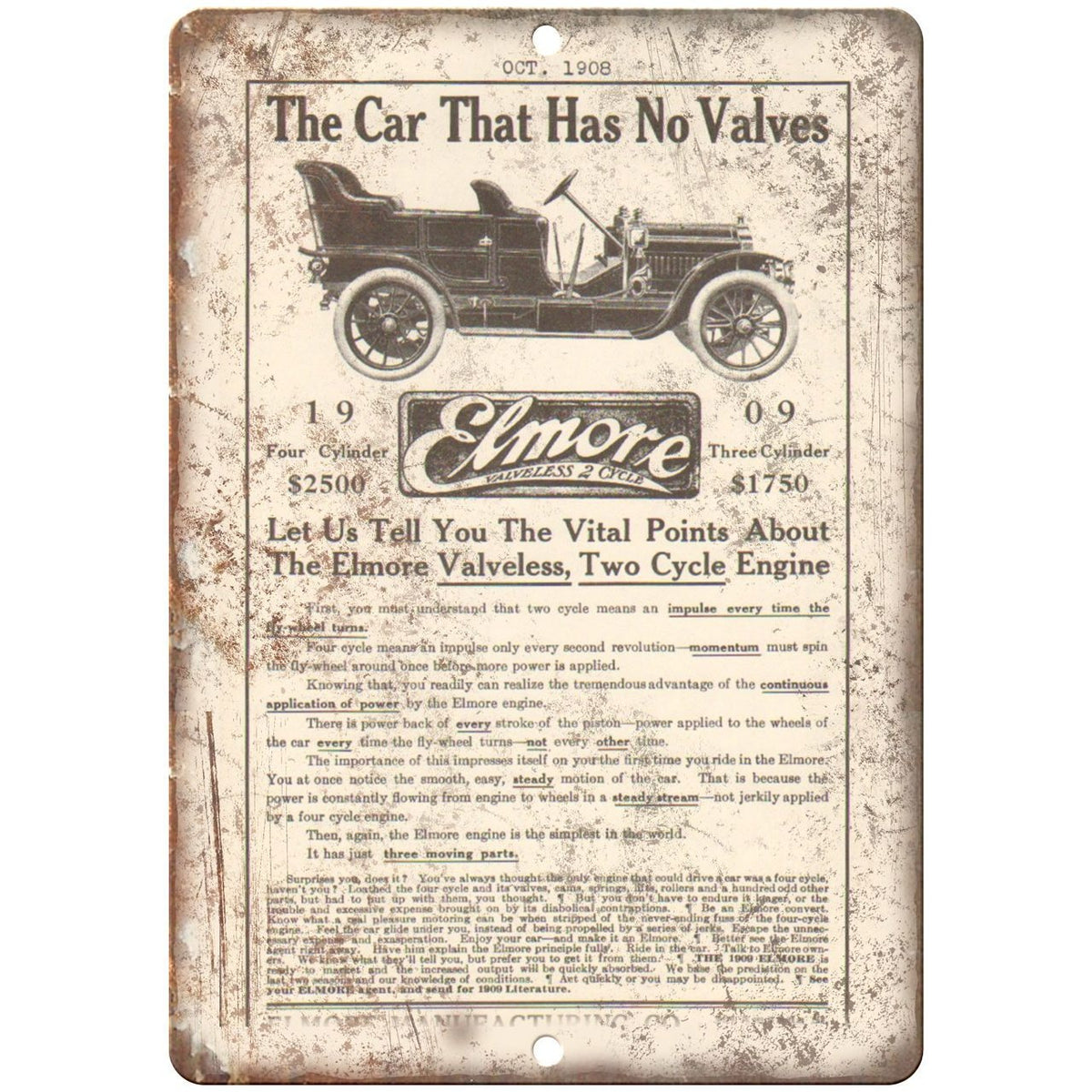 1908 Elmore Car Company Vintage Ad 10" x 7" Retro Metal Sign