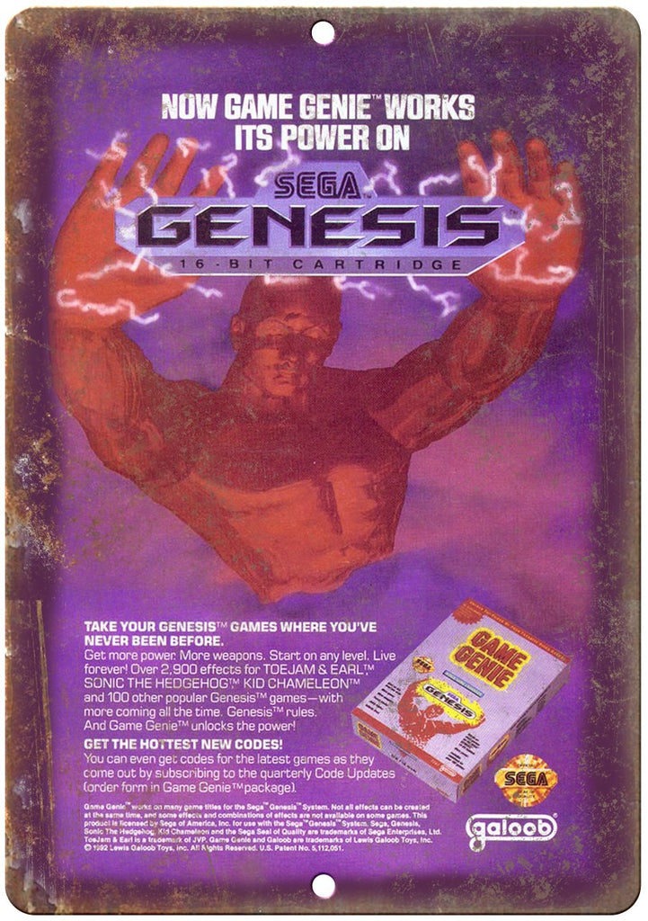 Game Genie Sega Genesis Cartridge Cover Art Gaming Metal Sign