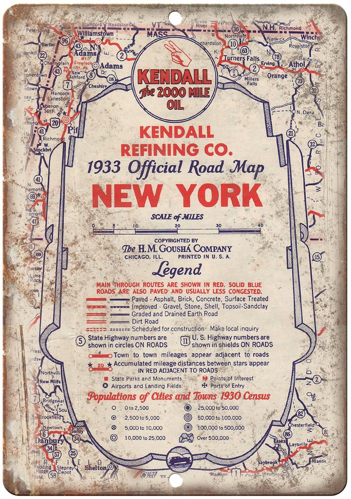 1933 Kendall Oil Refining Company Road Map Cover Metal Sign