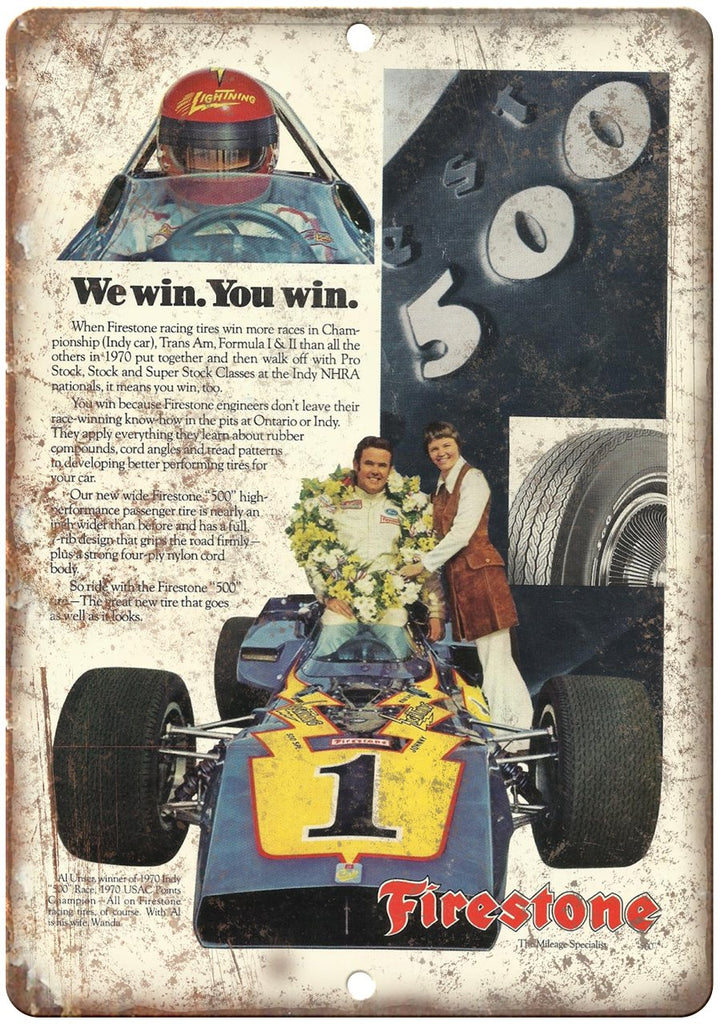 1970 Firestone 500 Al Unser Winner Ad Metal Sign