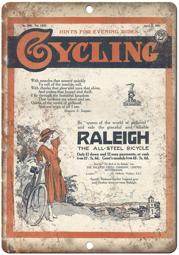 Raleigh Bicycle Cycling Vintage Ad Metal Sign
