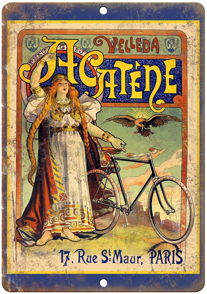 Velleda Acatene Paris Vintage Bicycle Ad Metal Sign