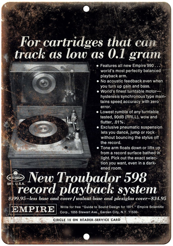 Empire Troubador 598 Record Playback Metal Sign