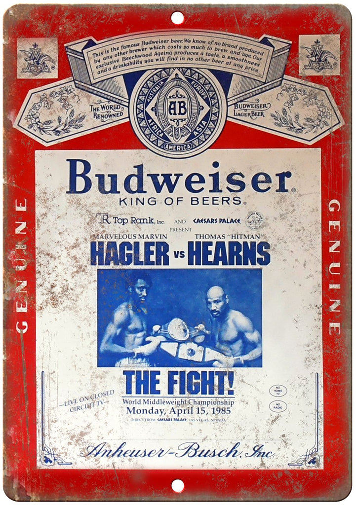 Budweiser Boxing Hagler Vs Hearns Metal Sign