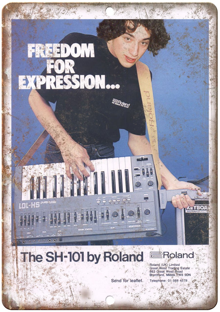 Roland SH101 Synthesizer Keyboard Vintage Ad Metal Sign