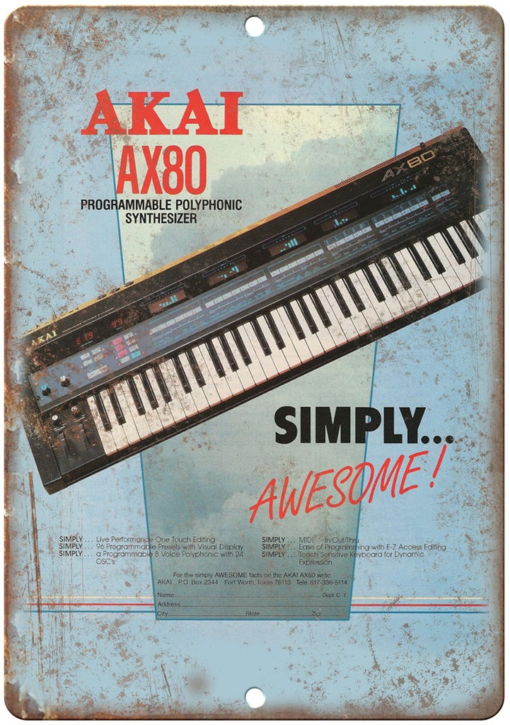AKAI AX80 Synthesizer Keyboard Vintage Ad Metal Sign