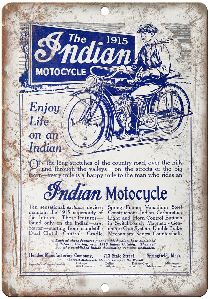 1915 Indian Motorcycle Dual Clutch Metal Sign