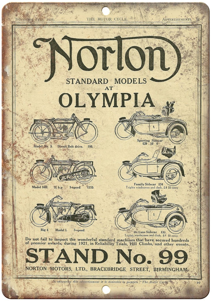 Norton Motorcycle Olympia Standard No. 99 Metal Sign