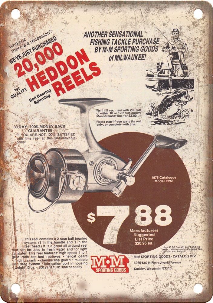 Vintage Heddon Reels Fishing Advertisment Reproduction Metal Sign
