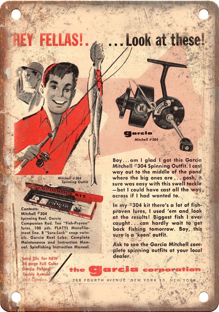 Vintage Garcia Fishing Reel Advertisment Reproduction Metal Sign