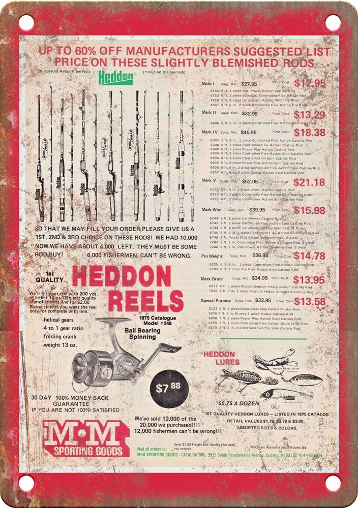 Vintage Fishing Heddon Reels Ad Reproduction Metal Sign