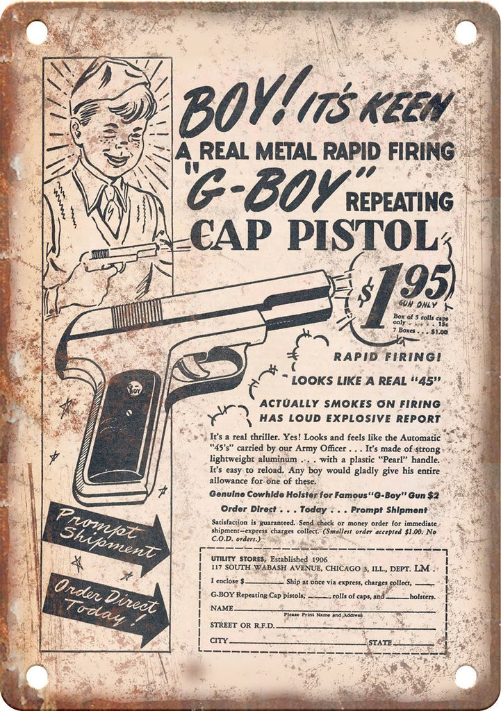 Vintage Comic Book Cap Pistol Gun Ad Metal Sign