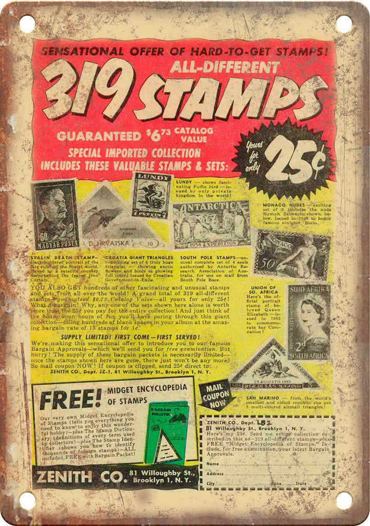 Vintage Stamp Collection Comic Book Ad Metal Sign