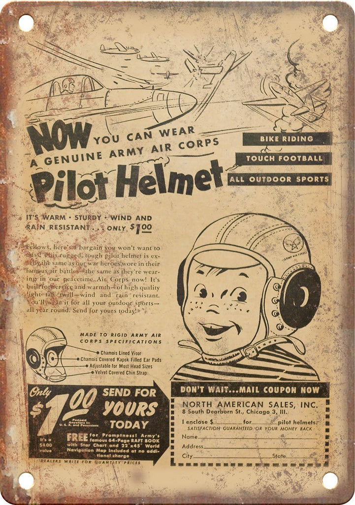 Pilot Helmet Vintage Comic Book Ad  Metal Sign