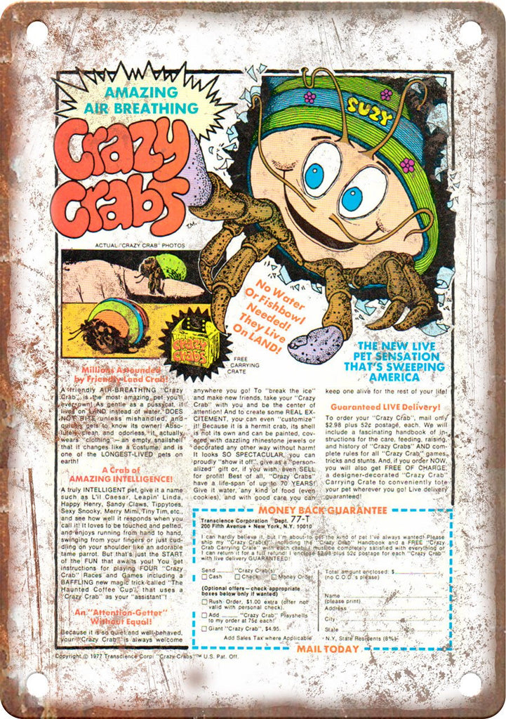 Crazy Crabs Retro Comic Book Ad Metal Sign