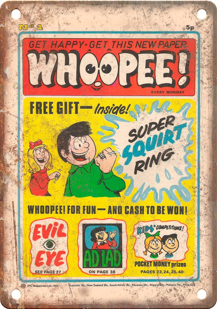 Squirt Ring Woopie Cussion Comic Ad Metal Sign