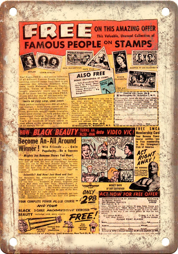 Famous People Stamp Comic Book Ad Metal Sign