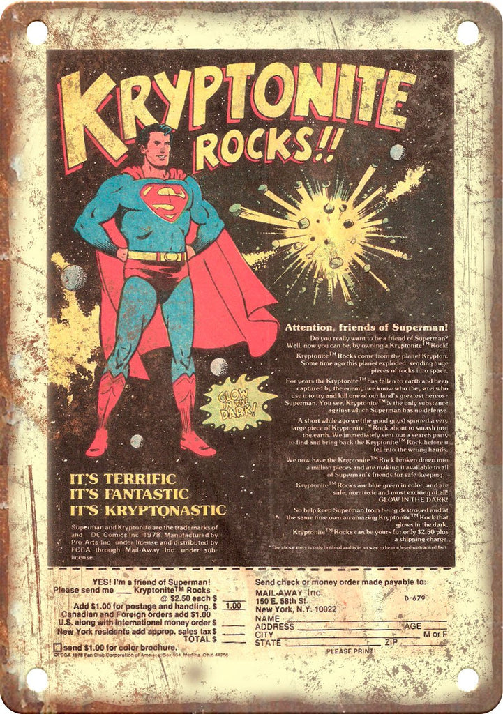 Kryptonite Rocks Vintage Comic Book Ad Metal Sign