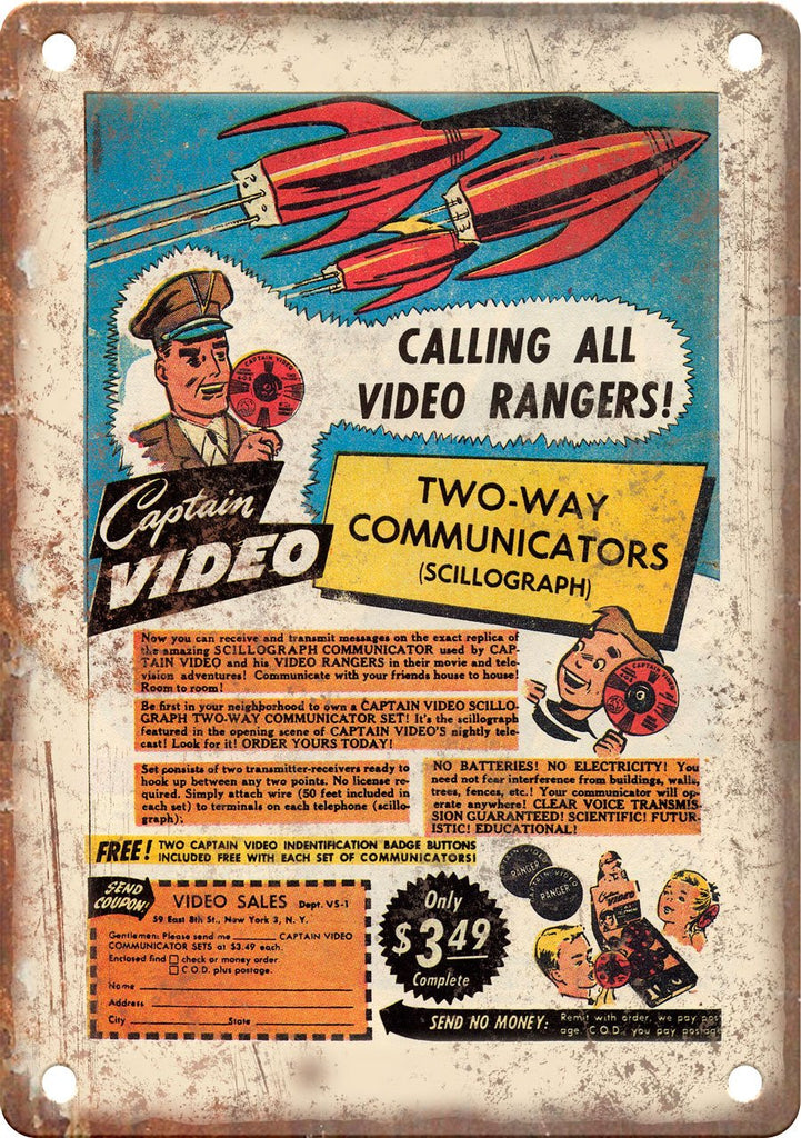 Captian Video Two Way Communicators Comic Ad Metal Sign