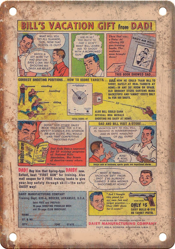 Daisy Manfacturing Company Comic Book Ad Metal Sign