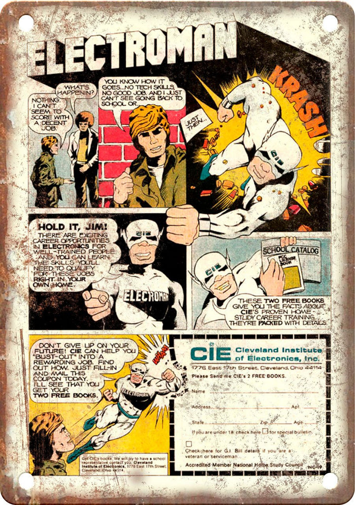 Cleveland Institute of Electronics Comic Ad Metal Sign