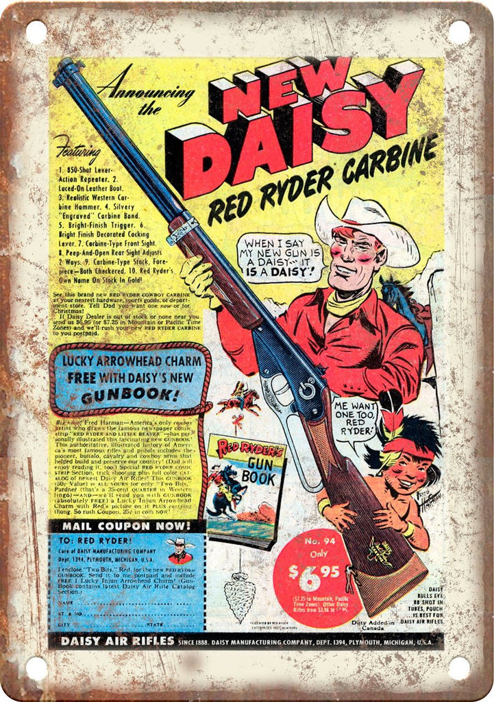 Daisy Red Ryder Carbine Gun Comic Ad Metal Sign