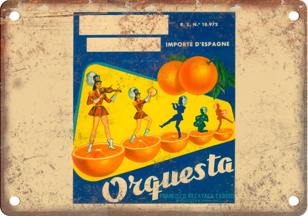 Orquesta Orange Package Label Metal Sign