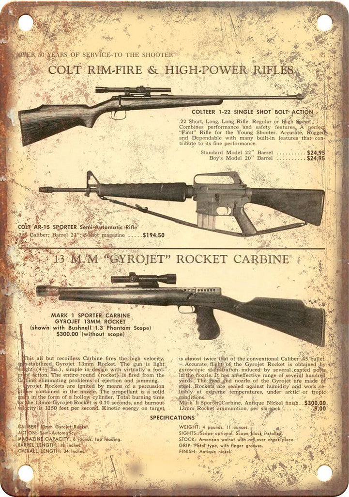 Colt Firearms Rocket Carbine Vintage Ad Metal Sign