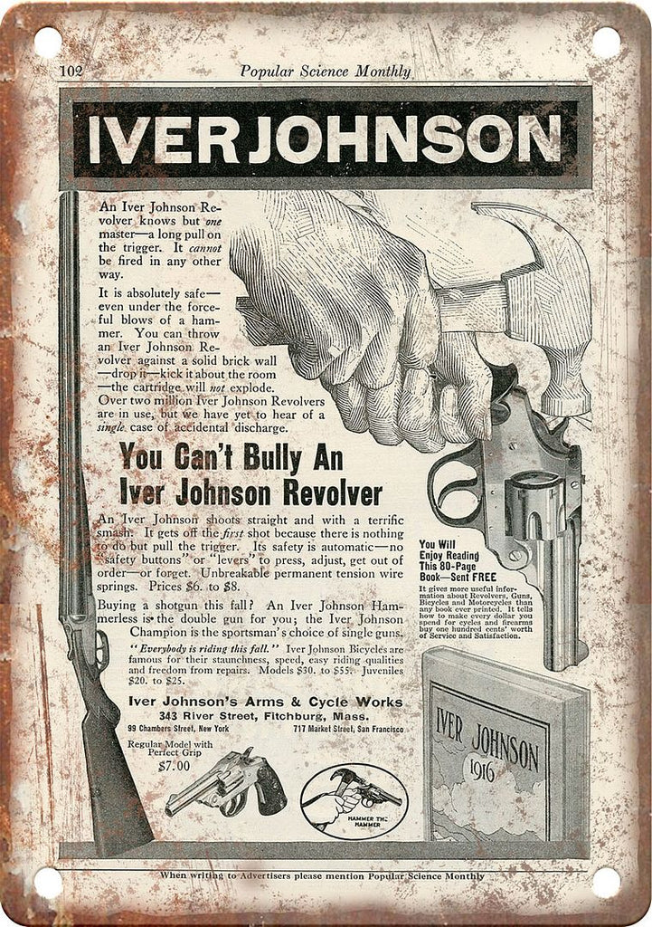 Iver Johnson Vintage Handgun Ad Metal Sign