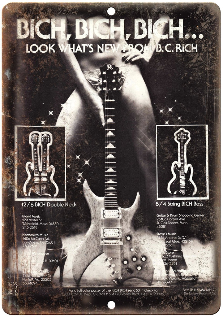 B.C. Rich Vintage Guitar Bass Double Neck Ad Metal Sign