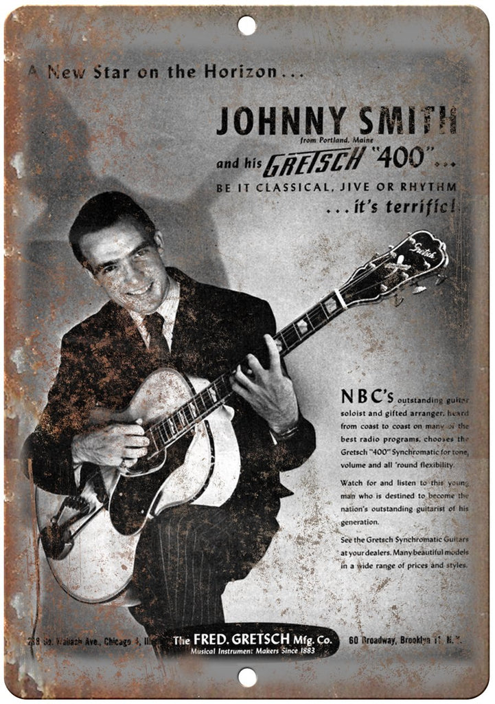 Johnny Smith Gretsch 400 Guitar Ad RARE Metal Sign