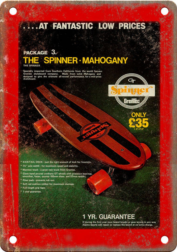 Vintage Spinner Skateboard Ad Metal Sign