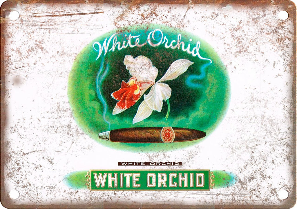 White Orchid Cigar Box Label Metal Sign