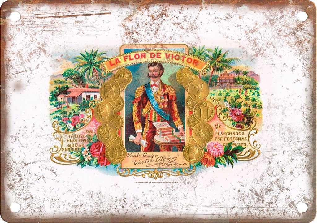 La Flor De Victor Cigar Box Label Metal Sign