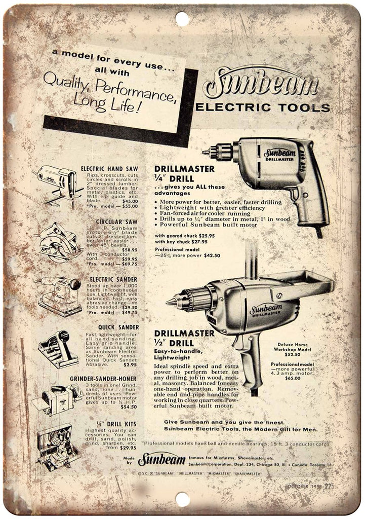 Sunbeam Electric Tools Drillmaster Metal Sign