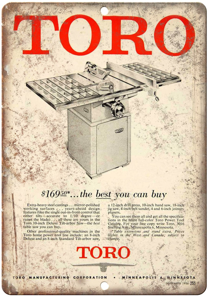 Toro Vintage Table Saw Ad Metal Sign