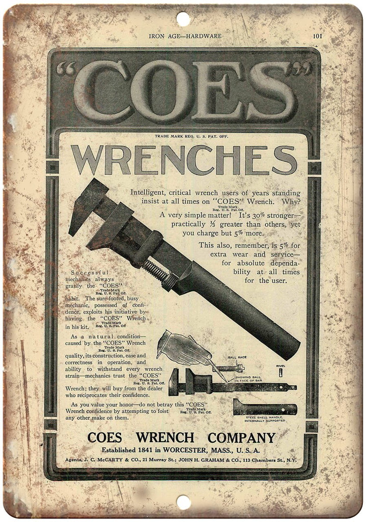Coes Wrenches Vintage Tool Metal Sign