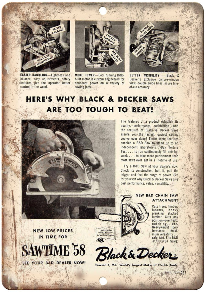1958 Black & Decker Sawtime Power Tool Metal Sign