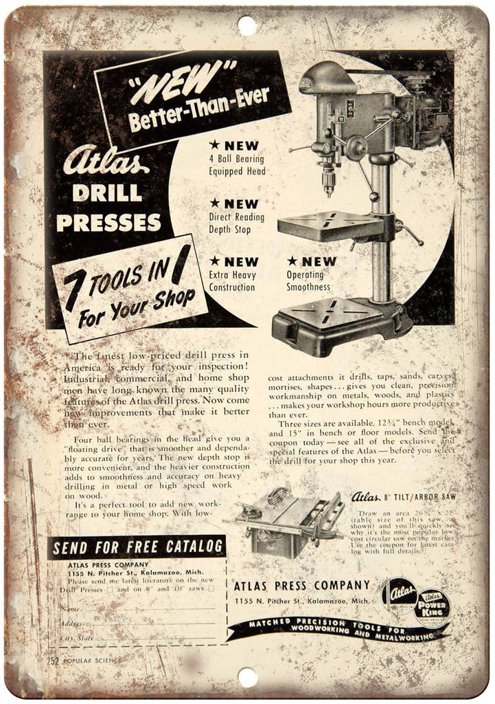 Atlas Drill Press Precision Tools Metal Sign