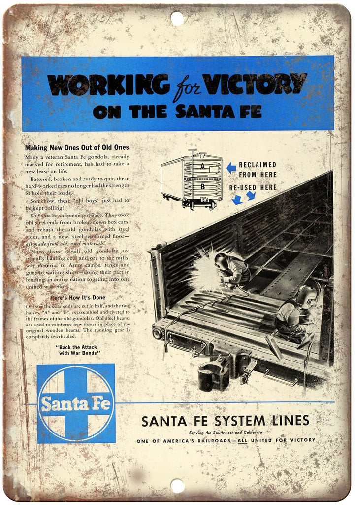 Working For Victory Santa Fe Railroand Metal Sign