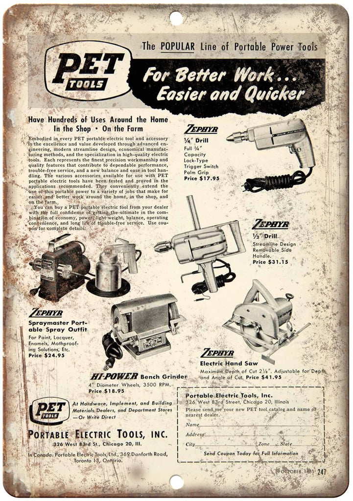 Pet Tools Vintage Drill Zephyr Metal Sign
