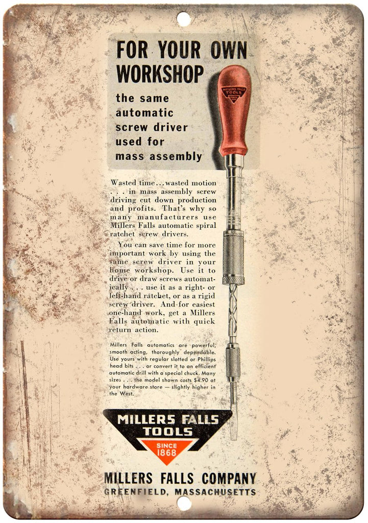 Millers Falls Company Automatic Screw Driver Metal Sign