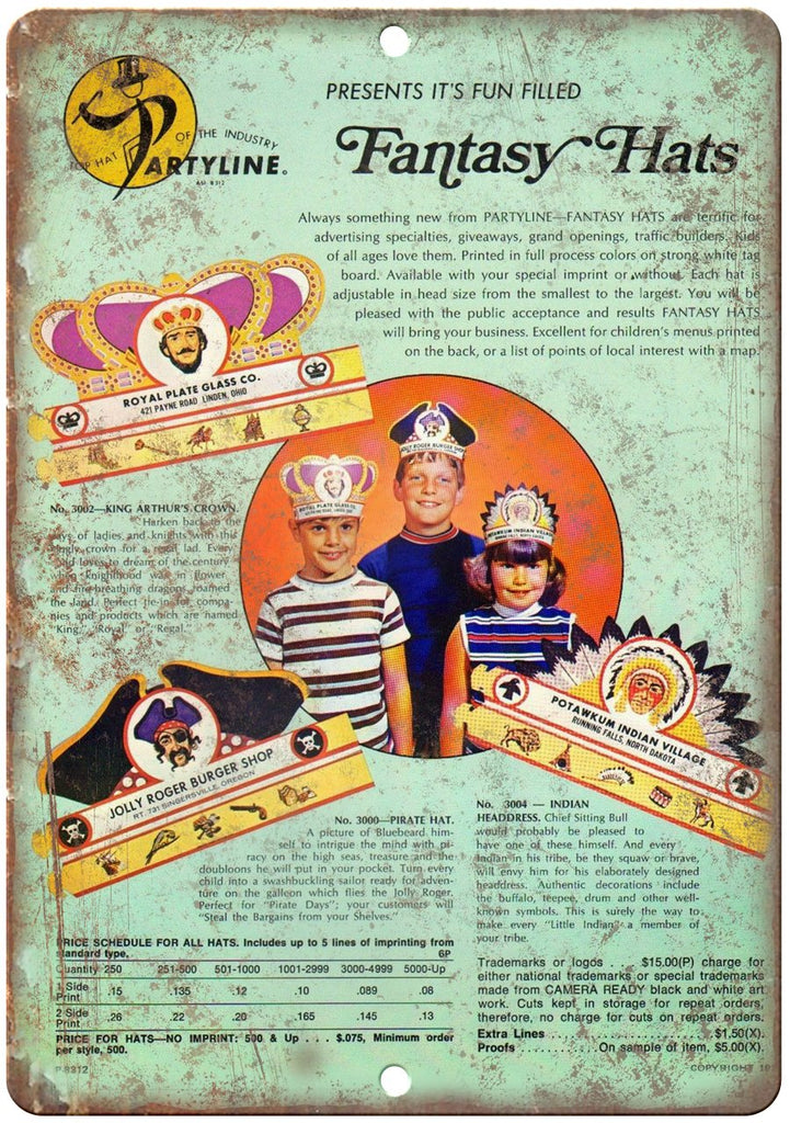 Party Hat Fantasy Hats Vintage Toy Ad Metal Sign