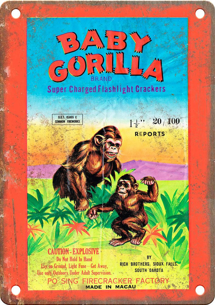 Baby Gorilla Firecracker Package Art Metal Sign