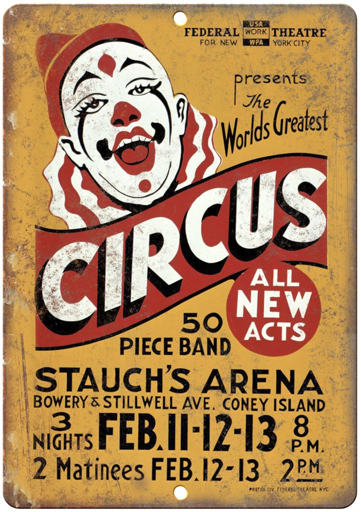 Federal Theater New York Circus Stauch Arena Metal Sign