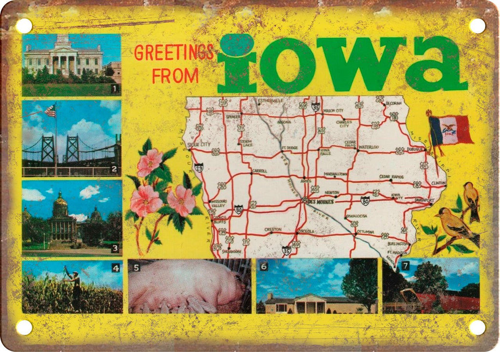 Iowa Greetings From Postcard Metal Sign