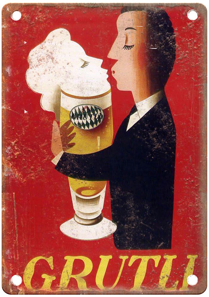 MORVAN Hervé (1917-1980)-Grutli Beer Liquor Poster Retro Look Sign