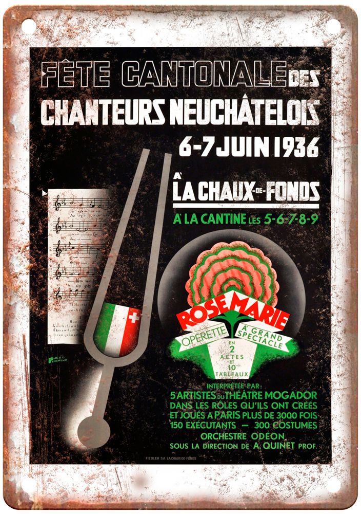 Paul Fête cantonale des chanteurs Neuchâtelois 1936 Liquor Poster Sign